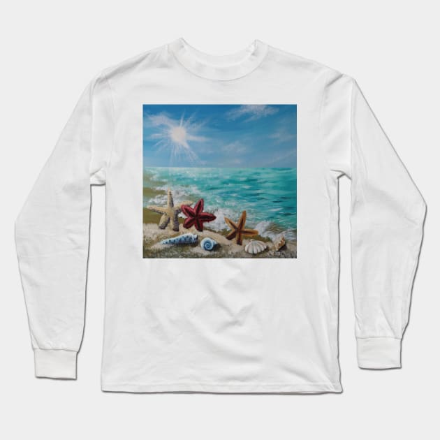 Tropical Summer Turquoise Ocean Waves Sandy Beach Seashells Long Sleeve T-Shirt by Tina